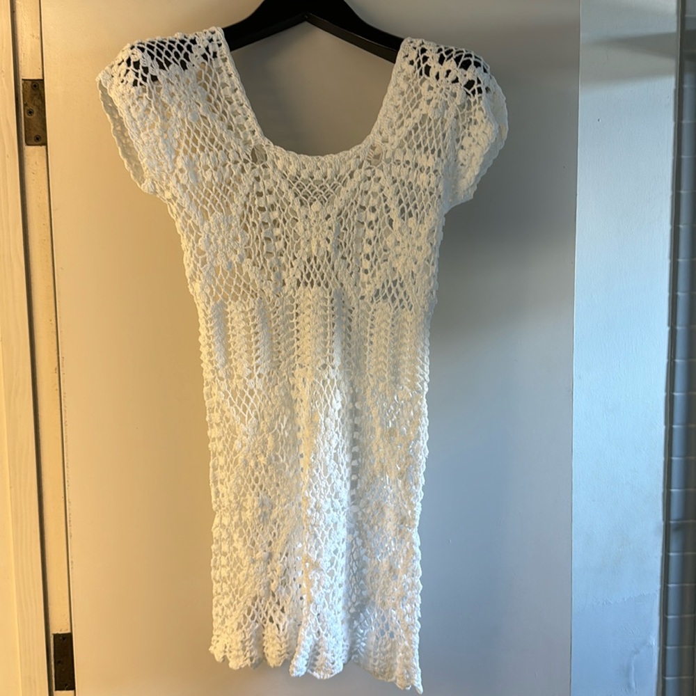 Hand Crochet over dress in white Small/medium